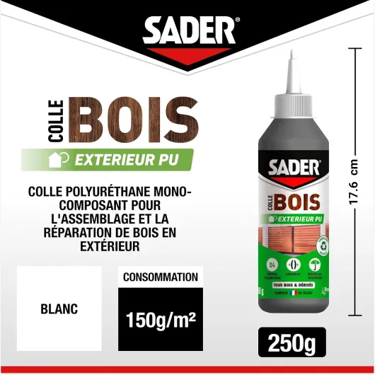 Sader Colle à Bois Extérieur PU Polyuréthane – Formule D4 Expansive – Colle Forte pour Tous Bois et Dérivés – Ultra Résistante à l'Humidité et à la Chaleur – Biberon de 250 g