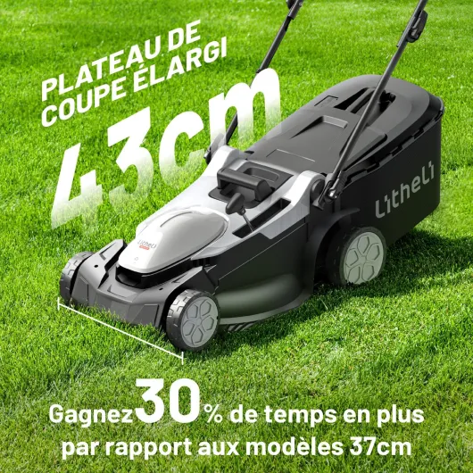 Tondeuse à Gazon sans Fil 43cm Coupe - Moteur Brushless, 2X 20V Batteries 4.0Ah, Hauteur Réglable 25-75mm, Bac 40L, pour Pelouses jusqu'à 500m² (Jardin & Petits Espaces) Standard