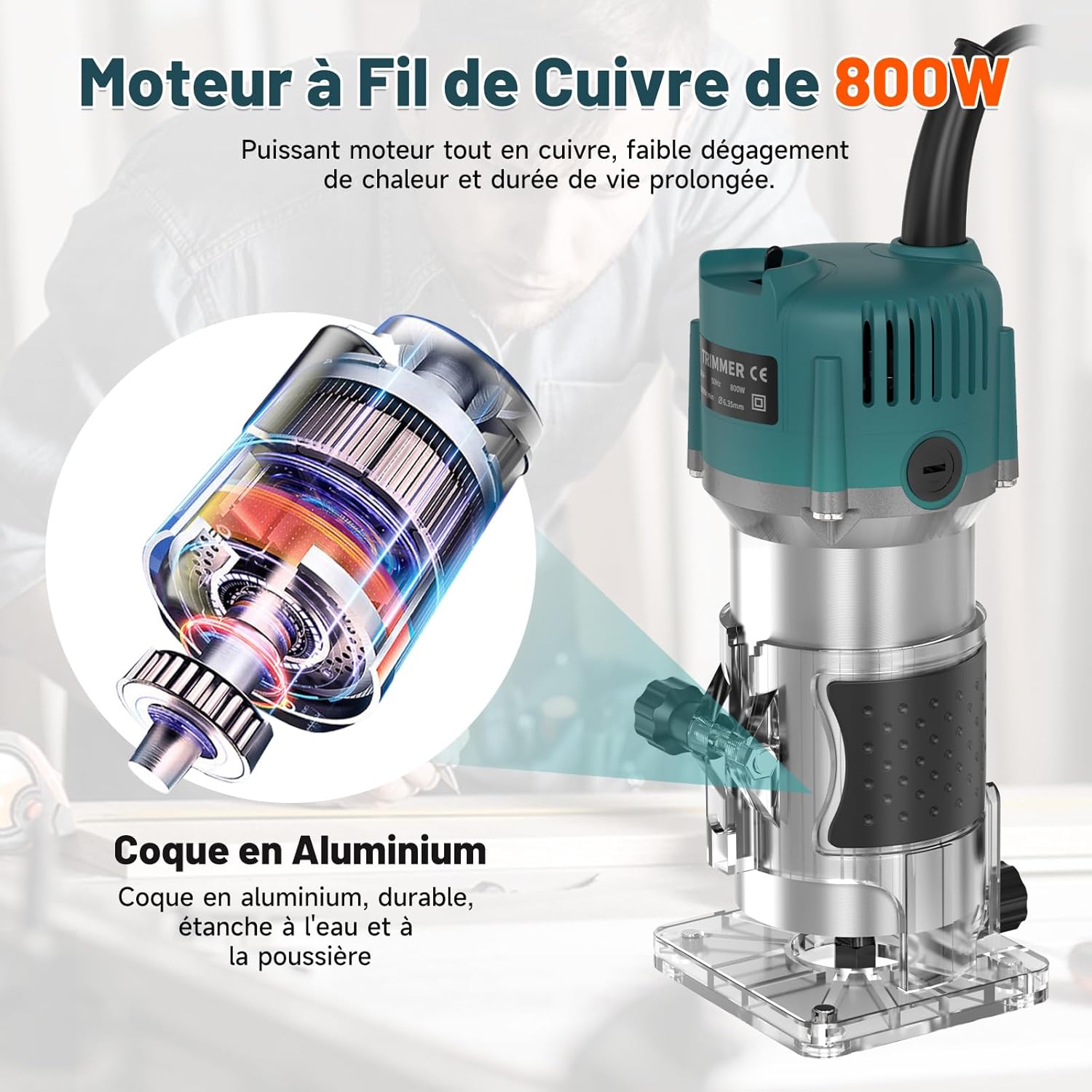 Défonceuse à Bois Affleureuse Électrique 800W 13000-33000RPM, Routeur à Bois Électrique avec 15 Fraises à Défoncer Queue de 1/4" pour Travail du Bois Einhandfräse