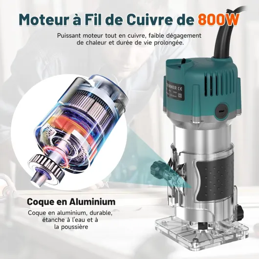 Défonceuse à Bois Affleureuse Électrique 800W 13000-33000RPM, Routeur à Bois Électrique avec 15 Fraises à Défoncer Queue de 1/4" pour Travail du Bois Einhandfräse