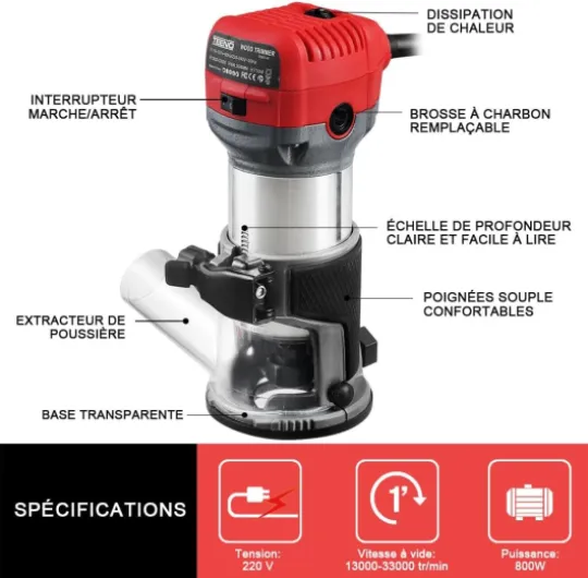 à Bois Défonceuse Affleureuse électrique 800W, Affleureuse à Bois Défonceuse 13000-33000RPM,15 Fraises à Défoncer Queue de 1/4",6 Vitesses Variables,3 Pinces de 6/6.35/8mm,Boite en Plastique 15 Pièces/Boîte