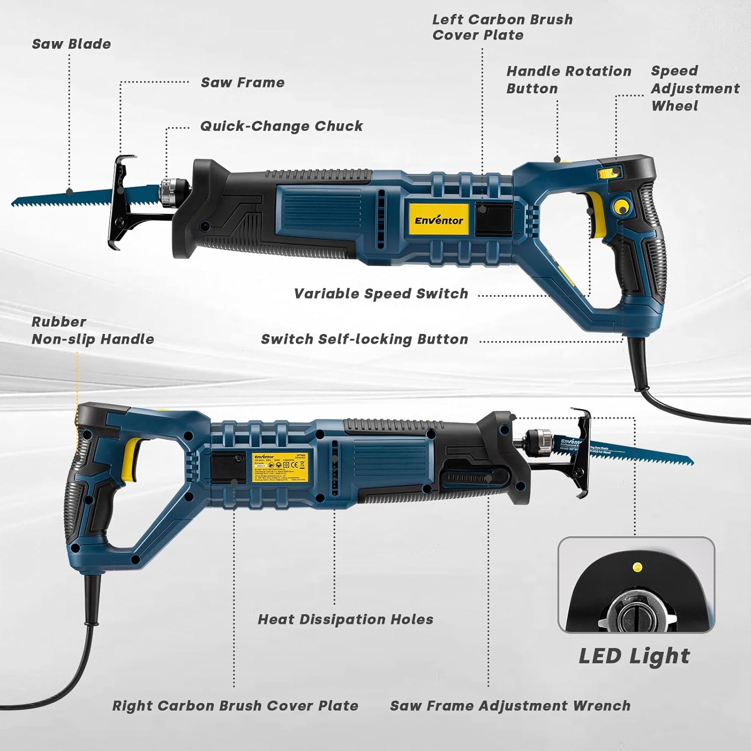 Scie Sabre 850W, 6 Lames, 2800 SPM Vitesse Variable, Course de 28mm, Changement de Lame sans Outil, Poignée Rotative à 180°, pour Bois, Métal, PVC et Élagage