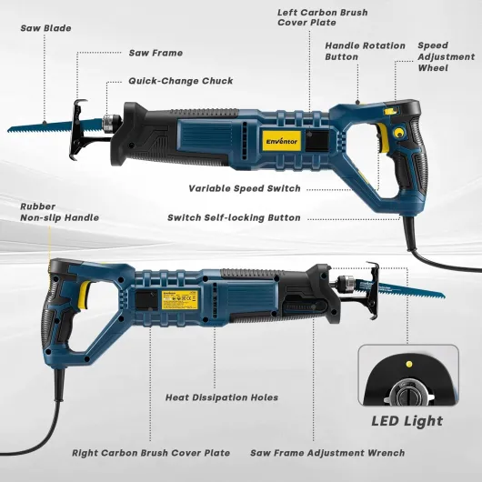 Scie Sabre 850W, 6 Lames, 2800 SPM Vitesse Variable, Course de 28mm, Changement de Lame sans Outil, Poignée Rotative à 180°, pour Bois, Métal, PVC et Élagage