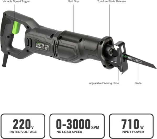 710W GALAX PRO Scie Sabre Sans à 3000 SPM Vitesse Variable, pour des coupes précises dans le bois, le métal et bien plus, changement de lame sans outil 77112