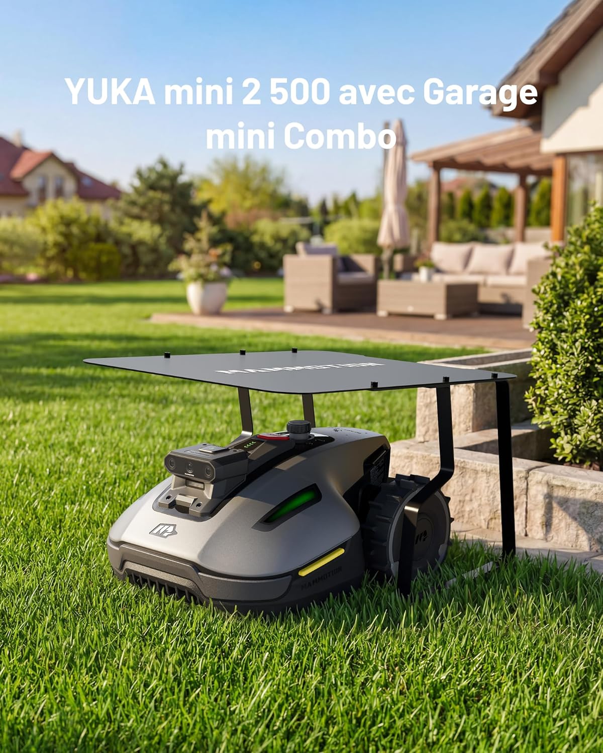 YUKA Mini 2 500 Robot Tondeuse avec Mini Garage, jusqu'à 500m², Zéro Perte de Signal, sans RTK, AI Traitement d’Image à Trois Caméras Robot Tondeuse YUKA Mini 2 500 avec Garage M