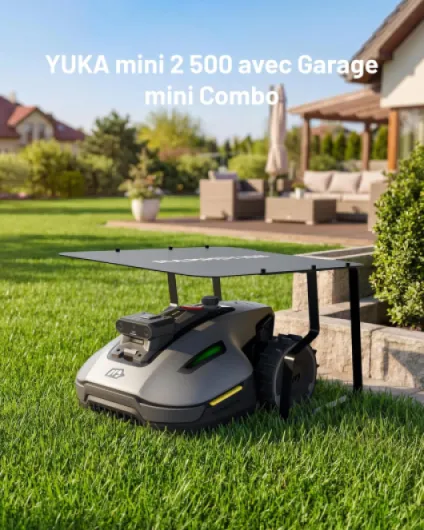 YUKA Mini 2 500 Robot Tondeuse avec Mini Garage, jusqu'à 500m², Zéro Perte de Signal, sans RTK, AI Traitement d’Image à Trois Caméras Robot Tondeuse YUKA Mini 2 500 avec Garage M