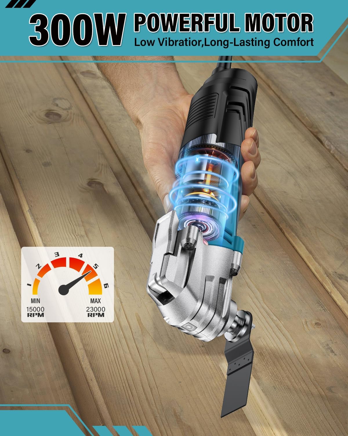 Outil Multifonction Oscillant avec 23 Accessoires, 300W Scie Oscillante avec 10 000 à 22 000 tr/min 6 vitesses variables, Angle d'oscillation de 3°, Multitool pour Couper, Poncer, Gratter