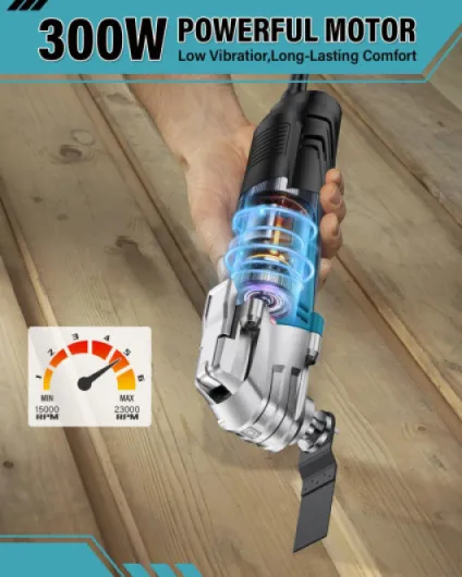 Outil Multifonction Oscillant avec 23 Accessoires, 300W Scie Oscillante avec 10 000 à 22 000 tr/min 6 vitesses variables, Angle d'oscillation de 3°, Multitool pour Couper, Poncer, Gratter