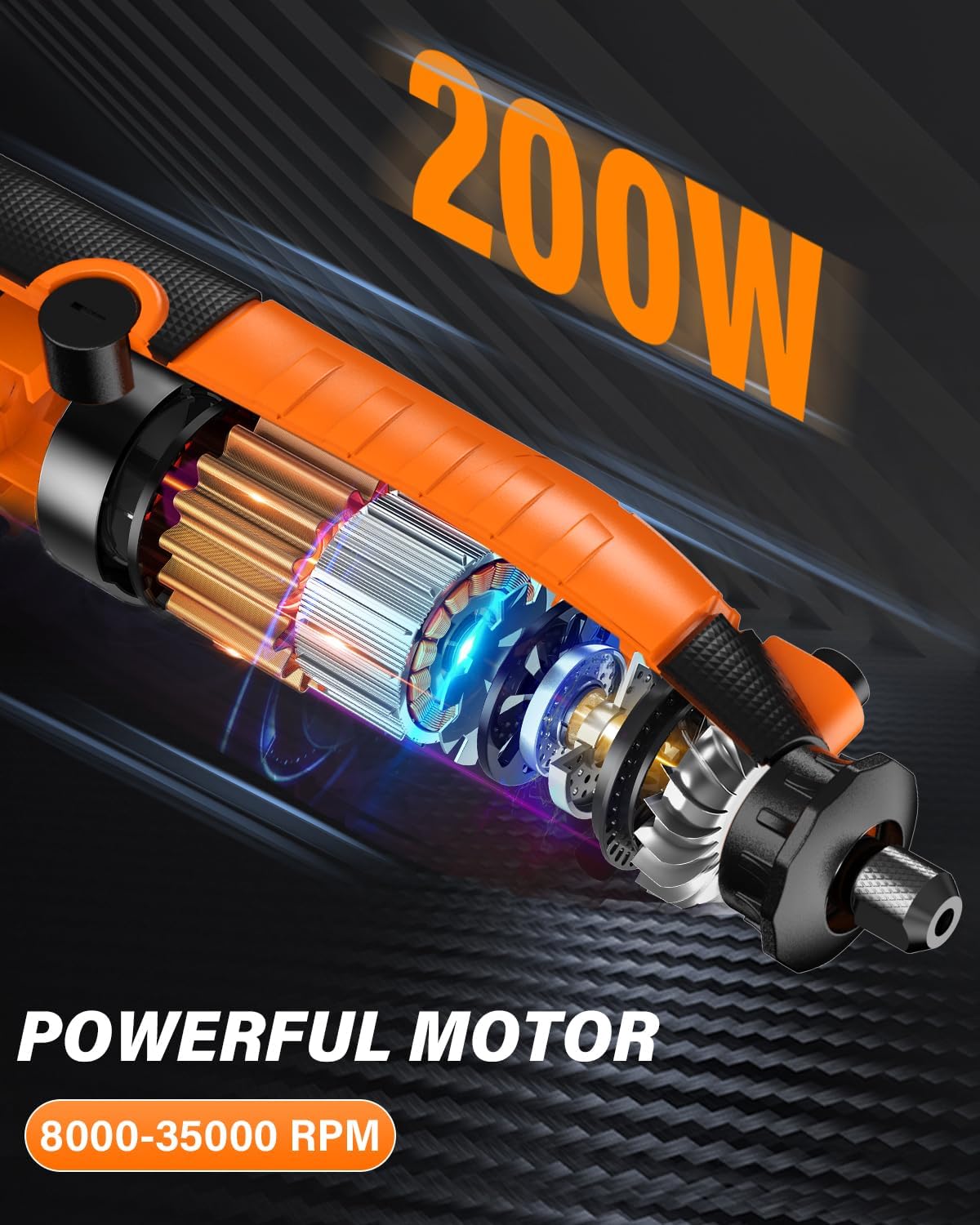 Akdomart Outils Rotatifs Multifonction, 200W Kit Outil Rotatif, outil multifonction avec 135 accessoires, 6 vitesses réglables, 8 000 à 35 000 tours/min, pour graver, percer, couper, meuler