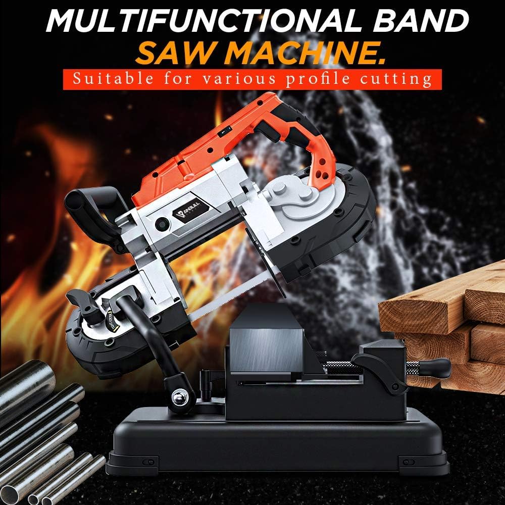 Anbull Scie à ruban métallique avec projecteur LED, scie à métaux 1100 W/230 V, réglable 0-45 °, scie à ruban avec socle amovible, établi en acier allié Orange