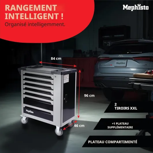 Mephisto XXL Chariot à outils Servante d'atelier avec 7 tiroirs Dont 7 remplis d'outils tels que clés à molette, cliquet avec écrou, tournevis, etc - dans des tiroirs avec inserts souples en optique de Standard+ensemble complet