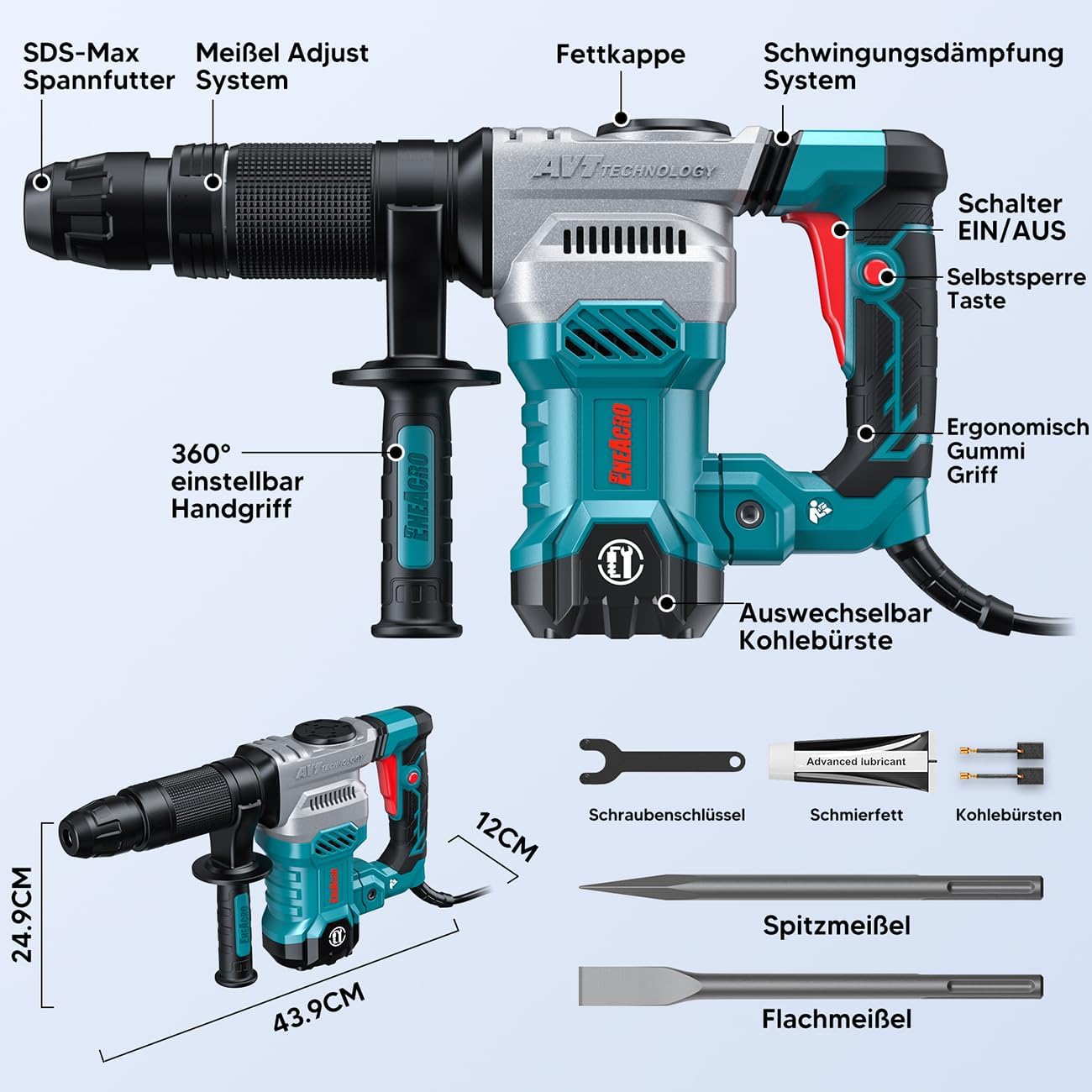 SDS-Max Marteau de Démolition, Marteau Piqueur pour Béton, Puissant 1300W 20 Joule Électric, Système Anti-Vibration, Coque en alliage d'aluminium, Inclut Sac à Outils et Burins
