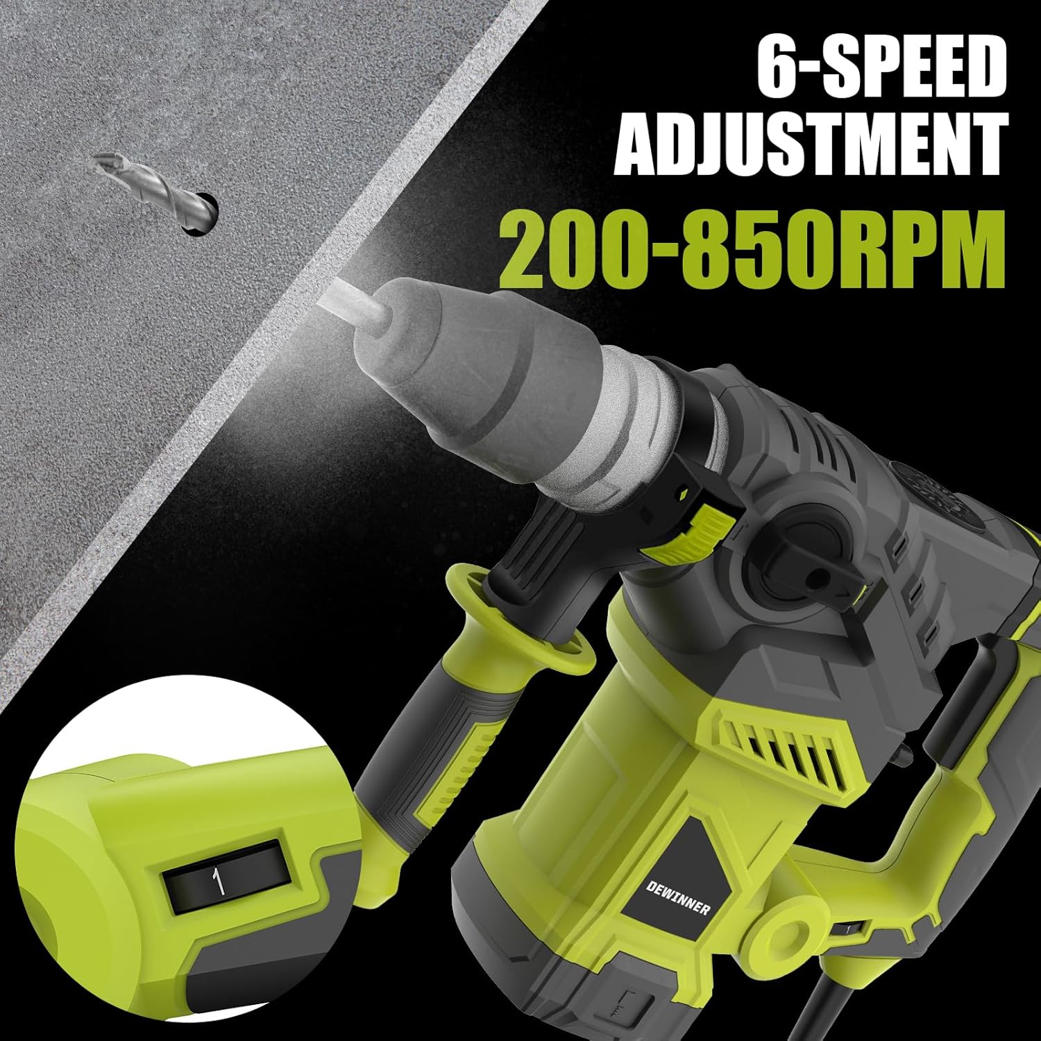 Marteau Perforateur SDS-Plus,1500 W, 6 Vitesses, 850RPM, 4400BPM, 5.5J, Embrayage de Sécurité & Technologie Anti-vibration, 3 Fonctions, y compris organisateur, burin et perceuse 32mm Fonction 3 en 1