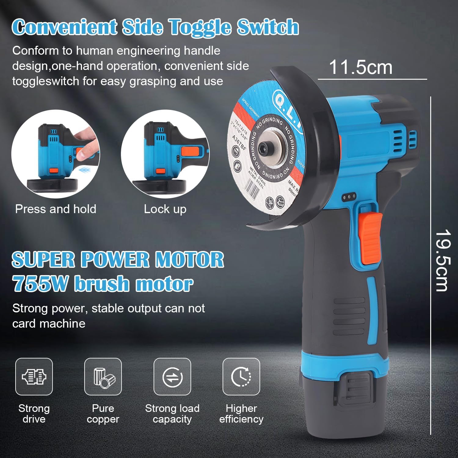 Mini Meuleuse D'Angle Sans Fil 19500RPM 12V Professional Disqueuse Sans Fil avec 2 batteries 4500mAh, 7 Disques à Tronçonner 75mm, Meuleuse d'angle pour Meuler et Polir, Couper