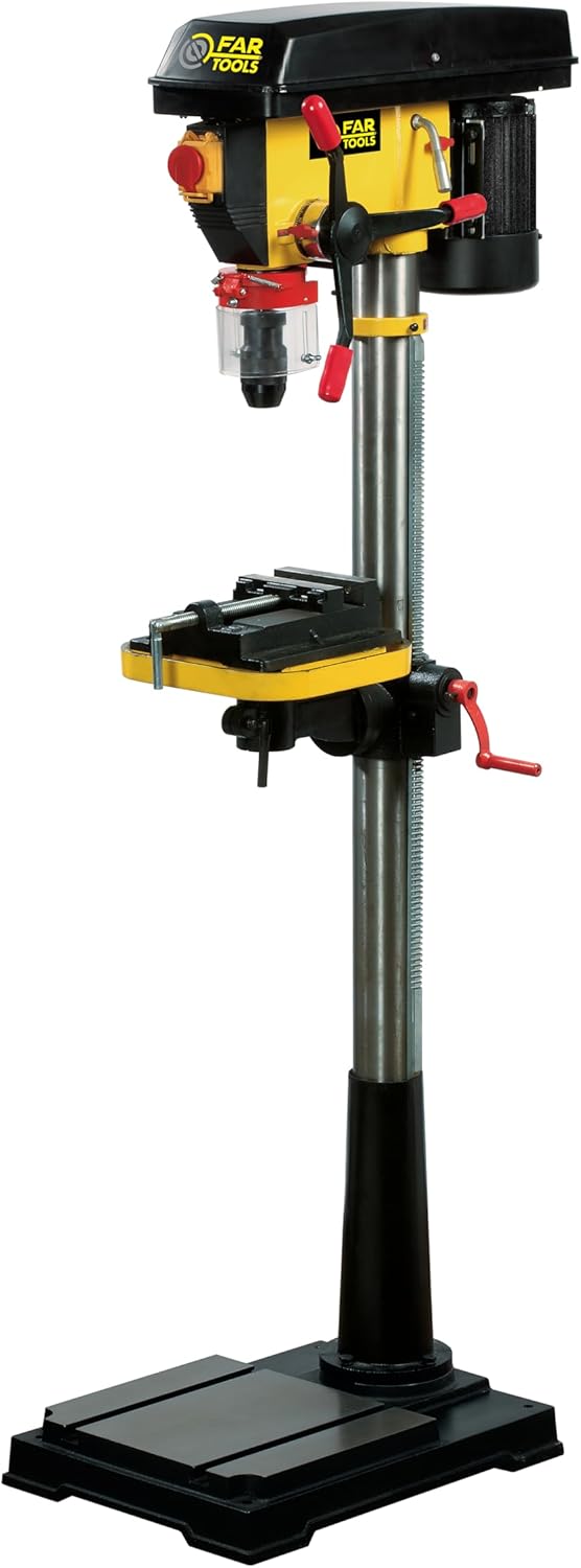Perceuse colonne 750W, hauteur 1580mm, col de cygne 176m, mandrin autoserrant 16mm, 16 vitesses de rotation 180-2770tr/min, étau 100mm