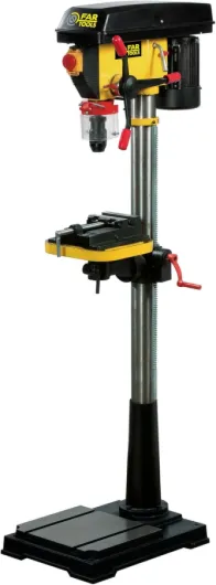 Perceuse colonne 750W, hauteur 1580mm, col de cygne 176m, mandrin autoserrant 16mm, 16 vitesses de rotation 180-2770tr/min, étau 100mm