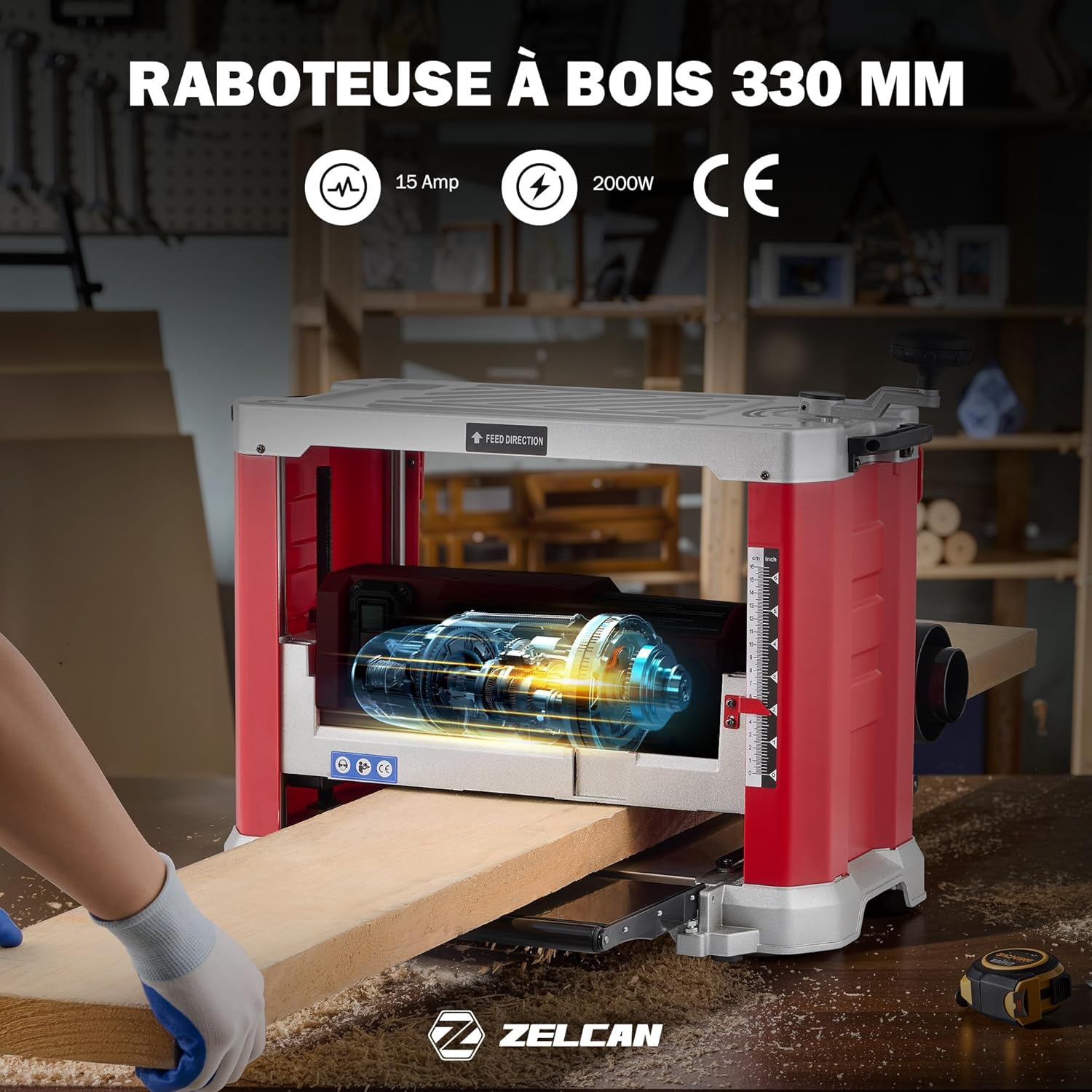 2000W Raboteuse à Bois 15A, Dégauchisseuse d'Établi Raboteuse Stationnaire Automatique Électrique 33 cm, 2 Lames 20000 coupes/min, pour le Travail du Bois