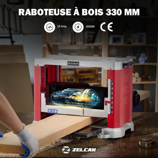 2000W Raboteuse à Bois 15A, Dégauchisseuse d'Établi Raboteuse Stationnaire Automatique Électrique 33 cm, 2 Lames 20000 coupes/min, pour le Travail du Bois