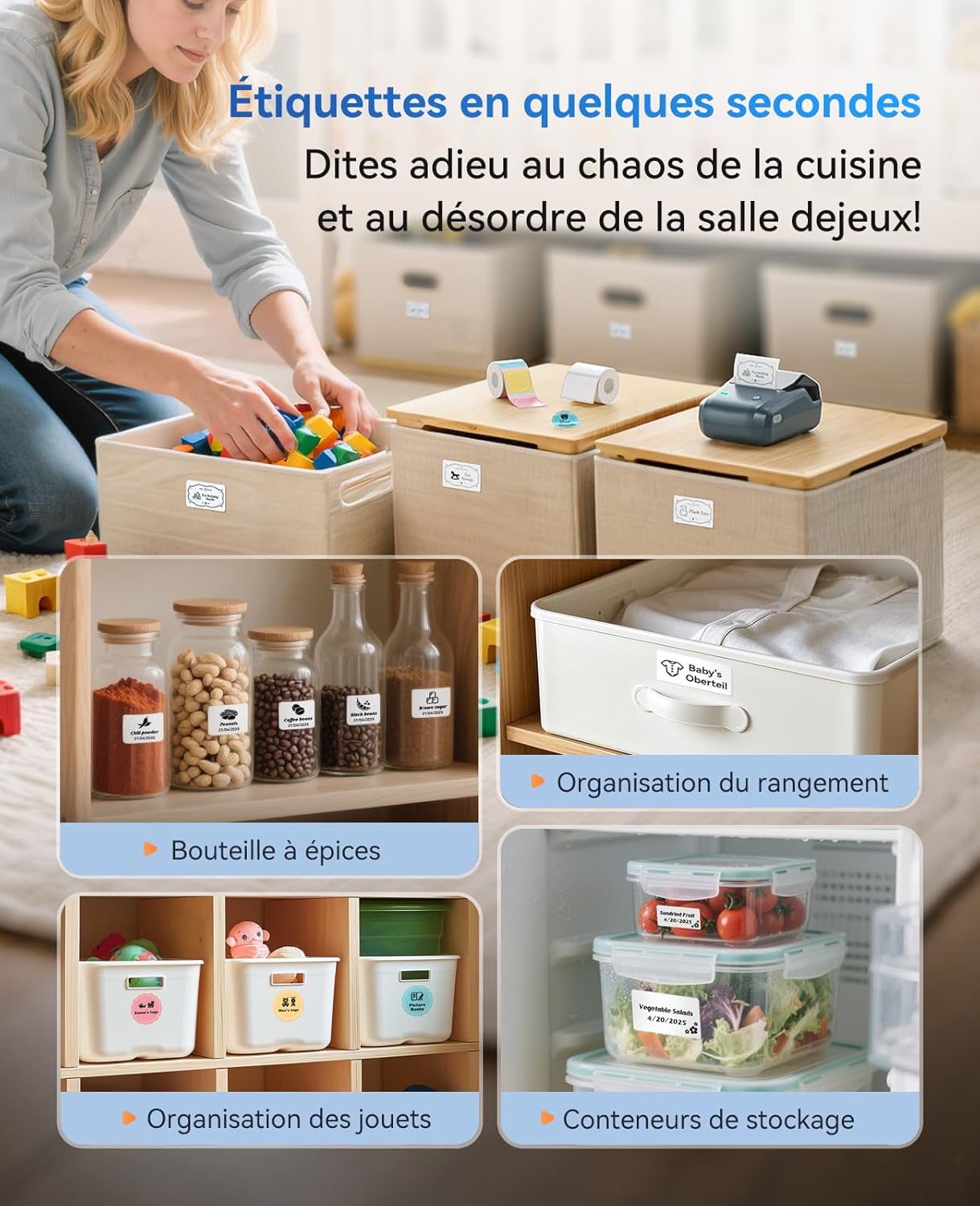 B1 Étiqueteuse Portable, Identification Automatique pour Grand Étiquettes Autocollantes, Facile à Utiliser pour Bureau, Maison, Affaires (avec étiquette 50x30mm) B1+1 Rouleau Bleu