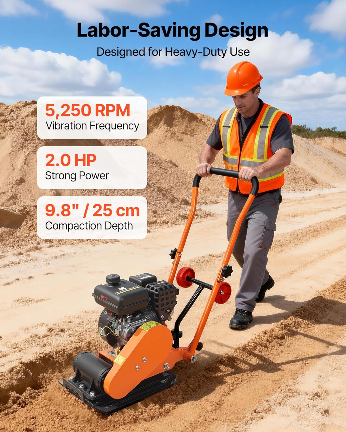 Plaque Vibrante Thermique 8 kN Compacteur à Plaque Vibrante Essence 2 hp pour Pavages, Aménagement Paysager, Asphalte, Fondations, Compactages de Sol, 5250 VPM, Zone de Compactage 41x31,5 cm