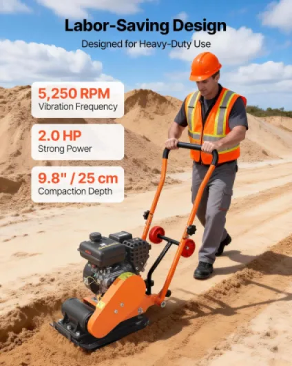 Plaque Vibrante Thermique 8 kN Compacteur à Plaque Vibrante Essence 2 hp pour Pavages, Aménagement Paysager, Asphalte, Fondations, Compactages de Sol, 5250 VPM, Zone de Compactage 41x31,5 cm