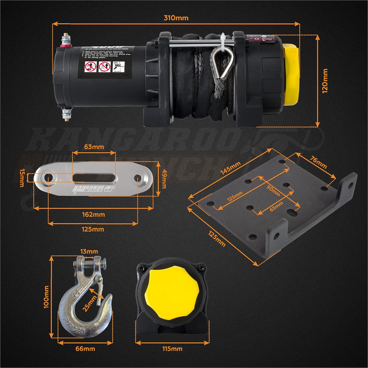 Treuil Electrique 12v Universel 4000lbs / 1814kg - Puissant et Compact avec Câble Synthétique et Télécommande - Construction Fiable - Voiture, Quad et Défis Offroad (K4000SR) 4000 lbs - Synthétique - 12V