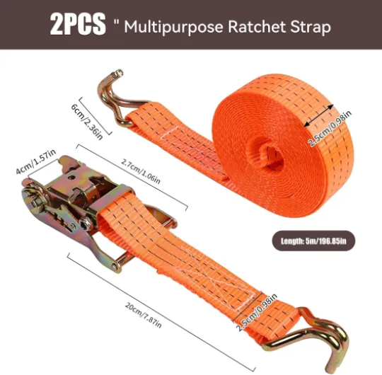 2 Pièces Sangle à Cliquet avec Crochets,Longueur 5 M, Largueur 2.5 CM, Sangles de Serrage, Sangle à cliquet Robuste pour Cargo, Moto, camions, remorques