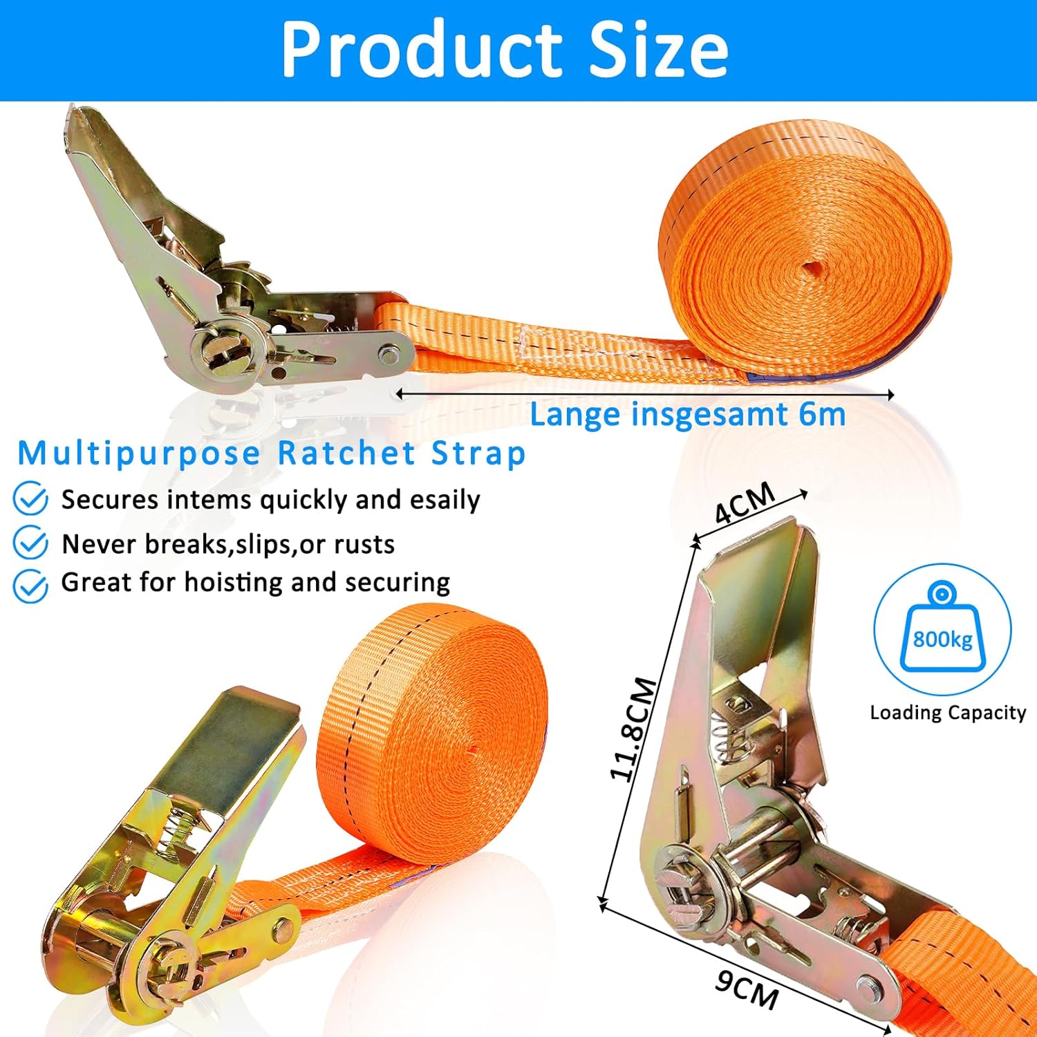 MOYKSRR 4 Pièces Sangle à Cliquet, Sangle a Cliquet 6M x 25MM, Sangles a Cliquet Sangles Darrimage avec Tendeur Longueur, Charge Maximale 800 kg pour Moto, Cargaison, Remorque, Camions, Bagages