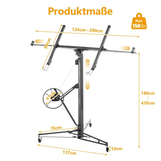 Lève-Plaques Professionnel XXL - Capacité 68 kg, Hauteur jusqu'à 4,70 m - Pour Placo, Plâtre et Panneaux - Inclinaison 60°, Système Inclinable - 3 Roues avec Freins - Idéal Plafond & Mur Max 68kg, 180-470cm