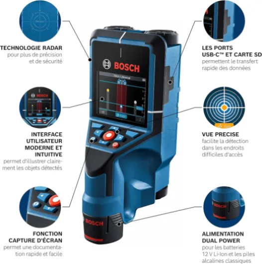 Scanner mural D-tect 200 C (détection de câbles sous tensions (ou non), de tuyaux en métal ou plastique, de montants et de cavités, câble USB-C™,4 piles AA, housse de protection) batterie 4xAA