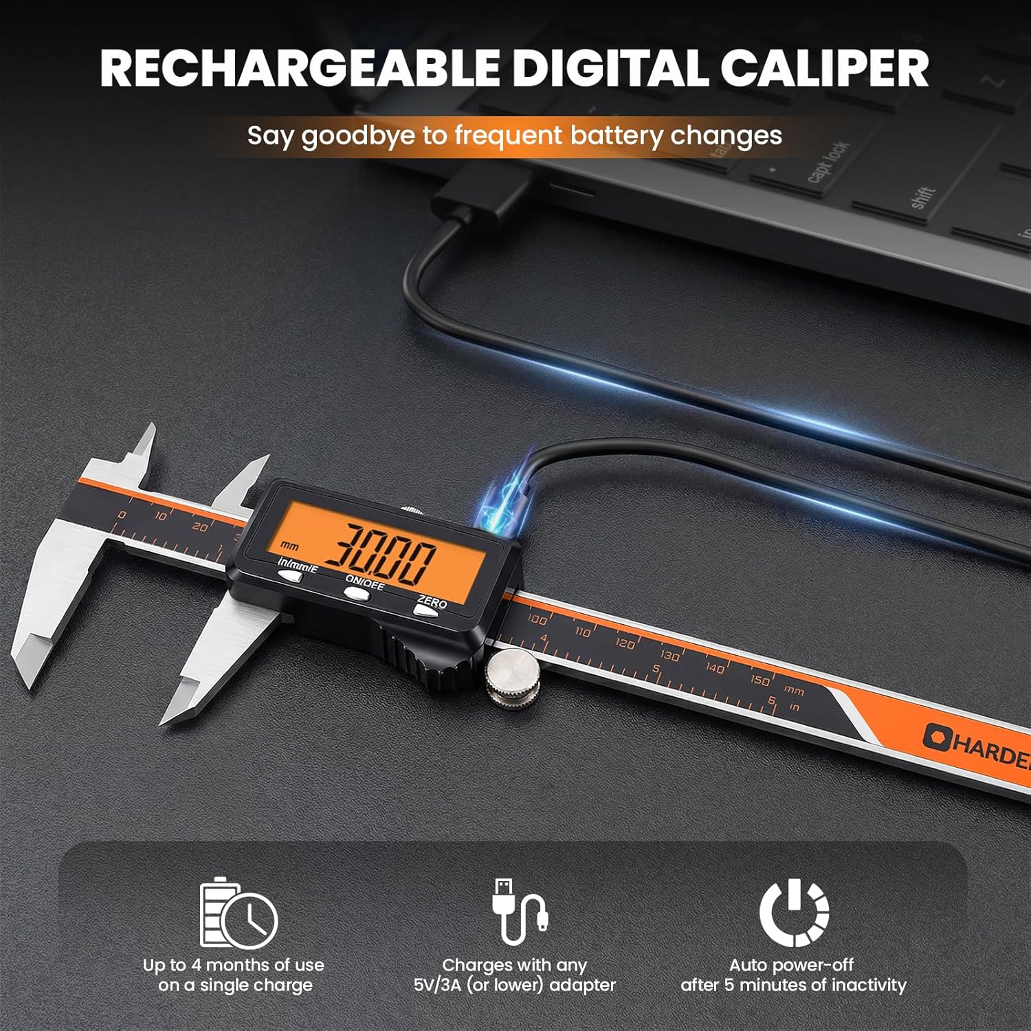 Pied à Coulisse Numérique Rechargeable 150 mm/6" – Grand Écran Orange, Micromètre Acier Inoxydable, Arrêt Automatique, Pouce/mm/Fraction, pour Bricolage Maison & Impression 3D Orange et noir