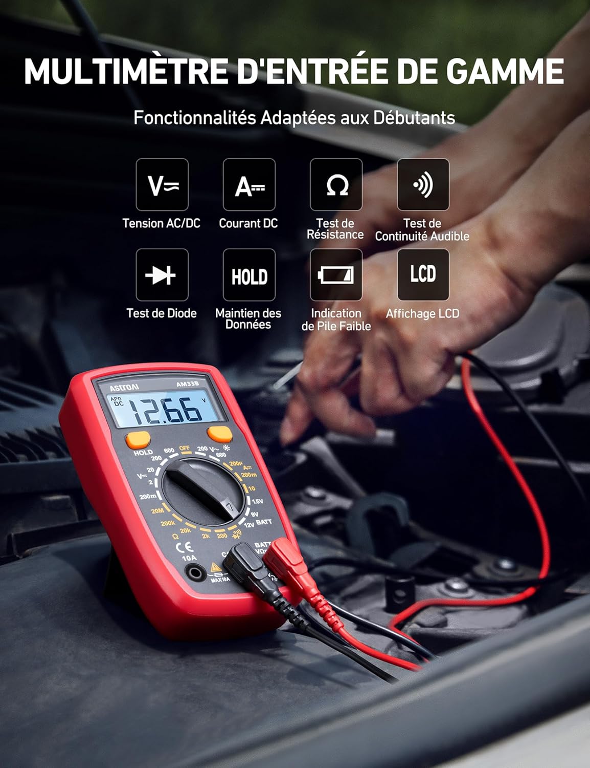 Multimètre Numérique Portable, Testeur Électrique Multifonctions 2000, Voltmètre, Ampèremètre, Ohmmètre, Testeur de Tension AC/DC, Courant DC, Résistance, Continuité, Diode Noir