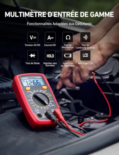 Multimètre Numérique Portable, Testeur Électrique Multifonctions 2000, Voltmètre, Ampèremètre, Ohmmètre, Testeur de Tension AC/DC, Courant DC, Résistance, Continuité, Diode Noir