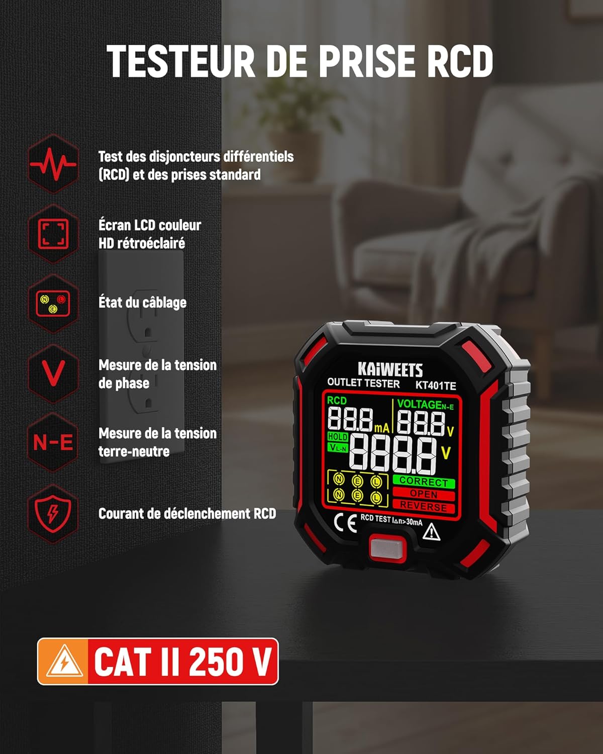 Testeur de prise avec test RCD et écran LCD, affichage de tension, 7 tests de câblage, mesure de tension de fuite, testeur de prise 200-250 V, CAT II 300 V