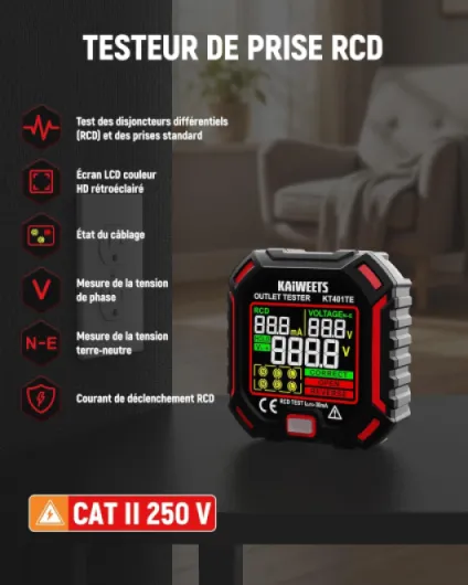 Testeur de prise avec test RCD et écran LCD, affichage de tension, 7 tests de câblage, mesure de tension de fuite, testeur de prise 200-250 V, CAT II 300 V