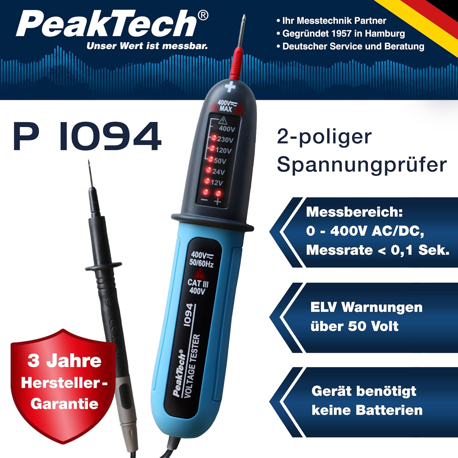 P1094 - Testeur de tension numérique à 2 pôles AC/DC de 12V à 400V - Testeur de courant de haute qualité avec affichage LED et signal d'avertissement sonore