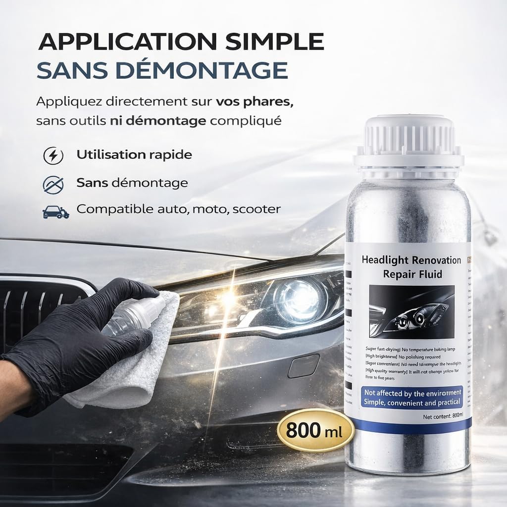 Liquide Rénovation Phares Voiture 800ml – Rénovateur Optiques Auto Anti Jaunissement, Polymère Réparation Phares Oxydés, Polish Phare Voiture Transparent (1 PCS)
