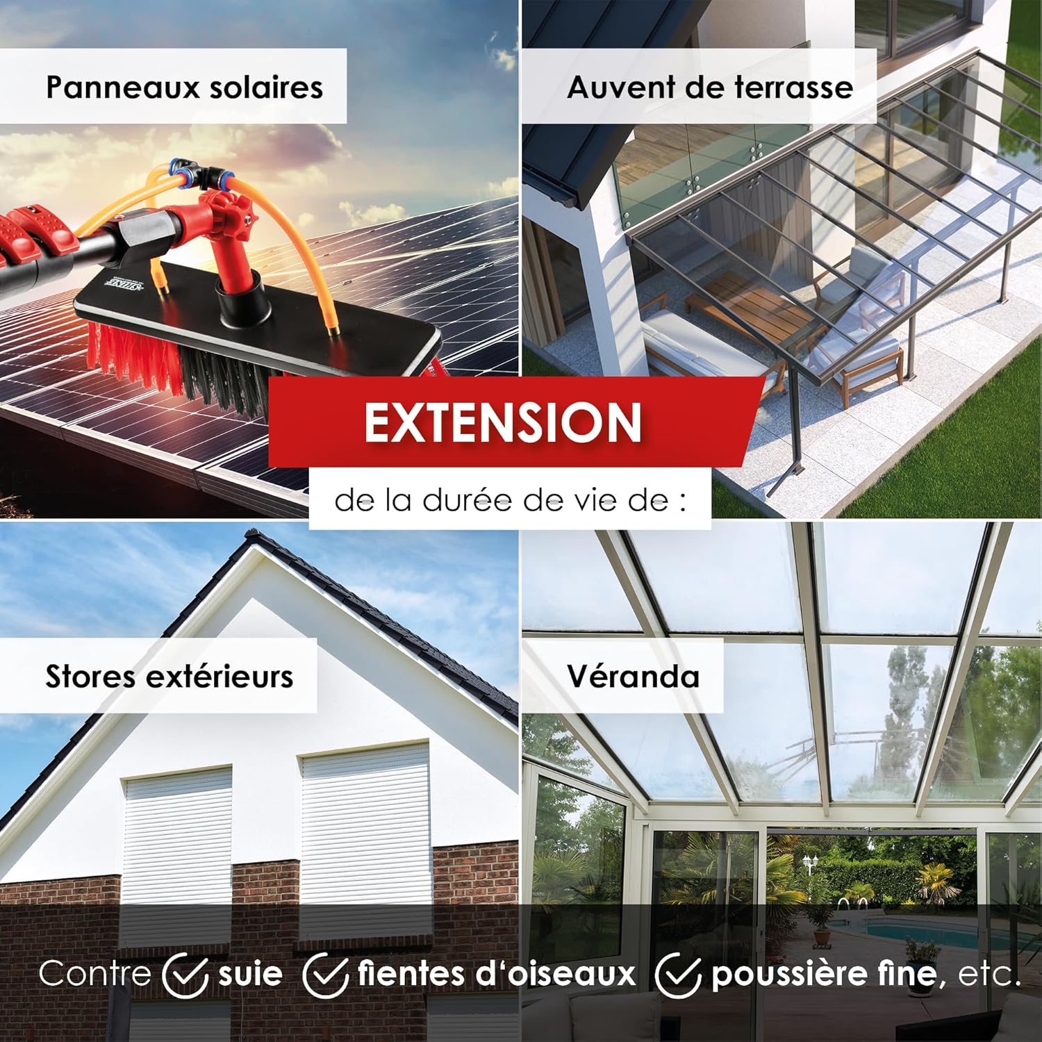 Perche Télescopique Nettoyage Panneaux solaires, Extensible à 7 metres, Brosse telescopique toiture avec Tuyau Intérieur Balai telescopique pour Toit Brosse de lavage 7 m Rouge Noir
