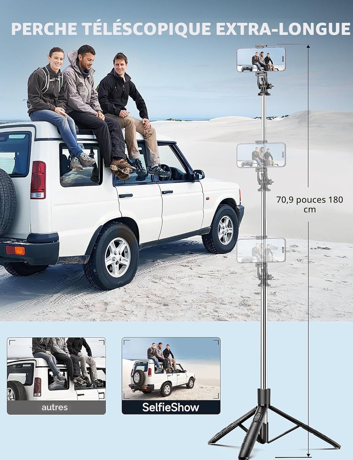 163.5CM Perche à Selfie, Trépied Smartphone, Extensible Selfie Stick Trépied de Téléphone avec Télécommandeet Support pour Téléphone Portable Compatible avec iPhone/Samsung/GoPro/Camera Noir A-[163.5CM&Stabilité renforcée]