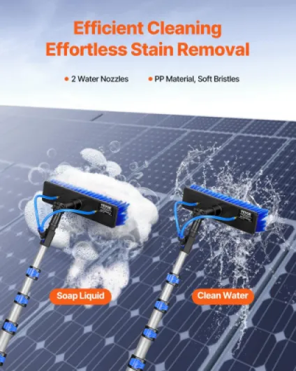 Kit Perche Télescopique Nettoyage Panneaux Solaires Extensible à 9 m, avec Tête de Brosse PP Rotative 180°, Tuyau 20 m, Outil de Nettoyage Alimentée en Eau, pour Vitres Domestique, Extérieur 9m/30ft