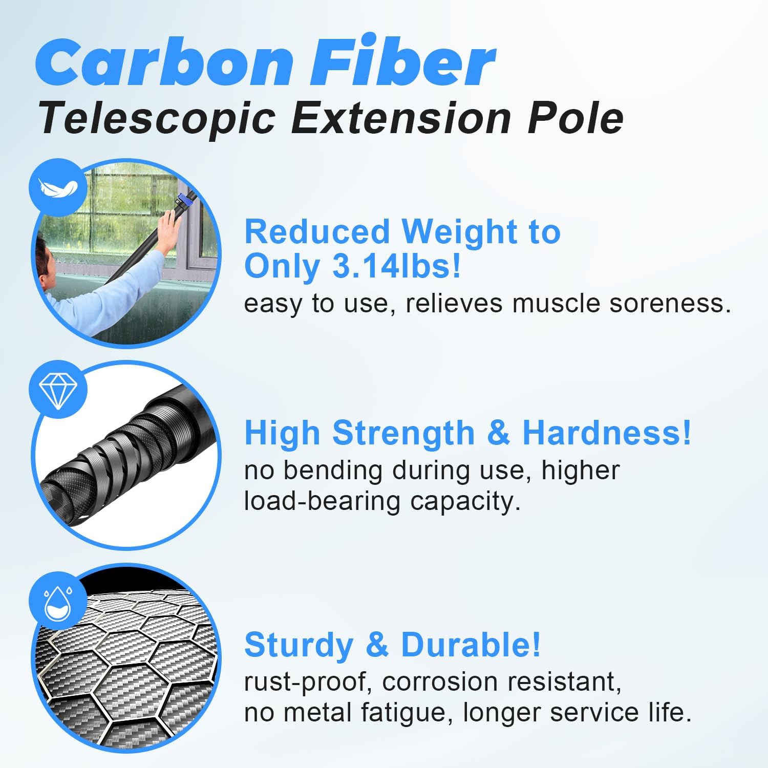 Kit de Plumeau Poussiere 7.32m avec Perche Télescopique Nettoyage en Fibre de Carbone, Tete de Loup pour telescopique pour Plafonds, Meubles, Stores Lot de 5 poteaux de 7,6 m