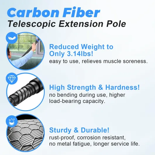 Kit de Plumeau Poussiere 7.32m avec Perche Télescopique Nettoyage en Fibre de Carbone, Tete de Loup pour telescopique pour Plafonds, Meubles, Stores Lot de 5 poteaux de 7,6 m