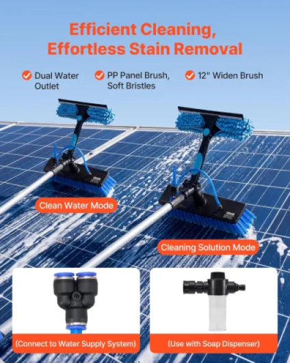 Kit Nettoyage pour Panneaux Solaires 10 m Brosse Télescopique Nettoyage à Passage Eau Perche Alliage Alu pour Panneaux Solaires sur Toit, avec Tête de Brosse Rotative 180°, Distributeur de Savon