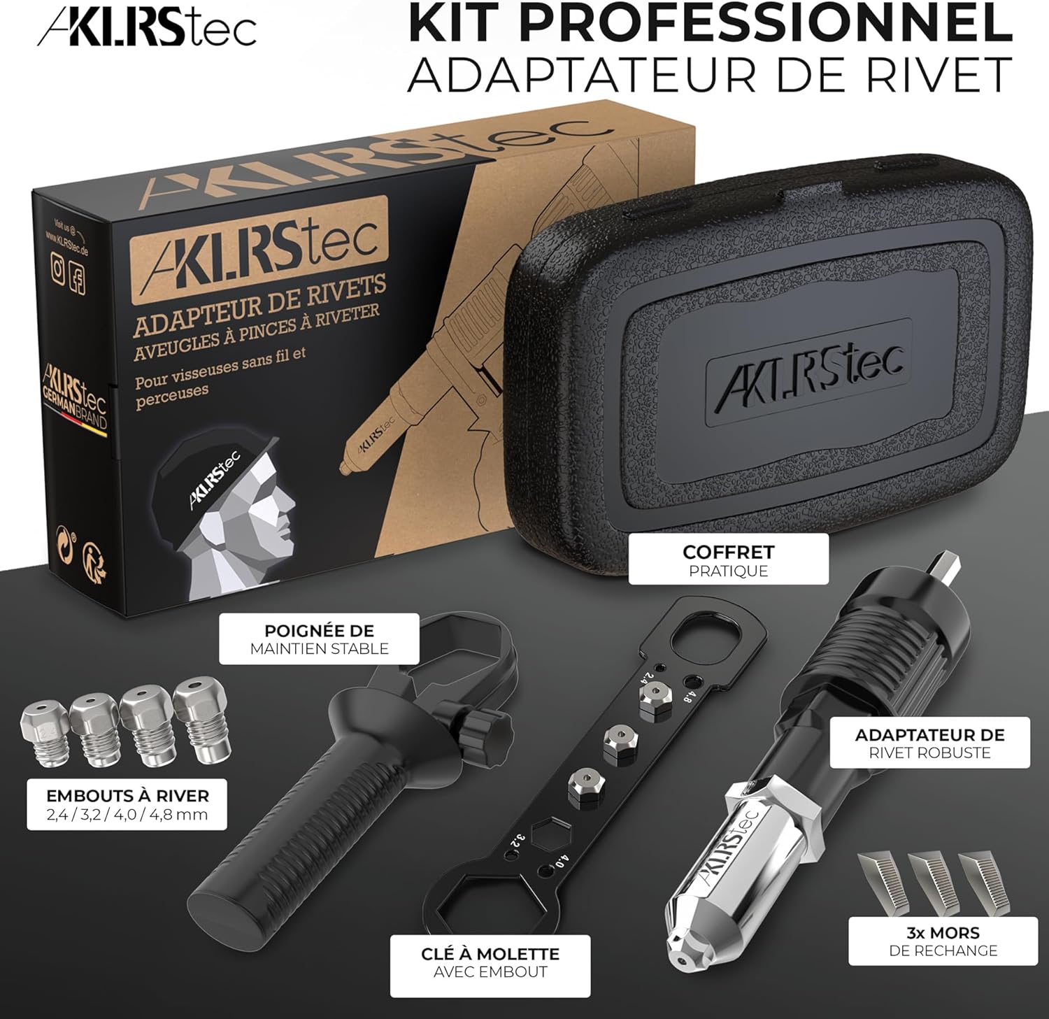 Tec® Adaptateur de rivets aveugles à pinces à riveter - Embouts à riveter pour visseuse sans fil et perceuse