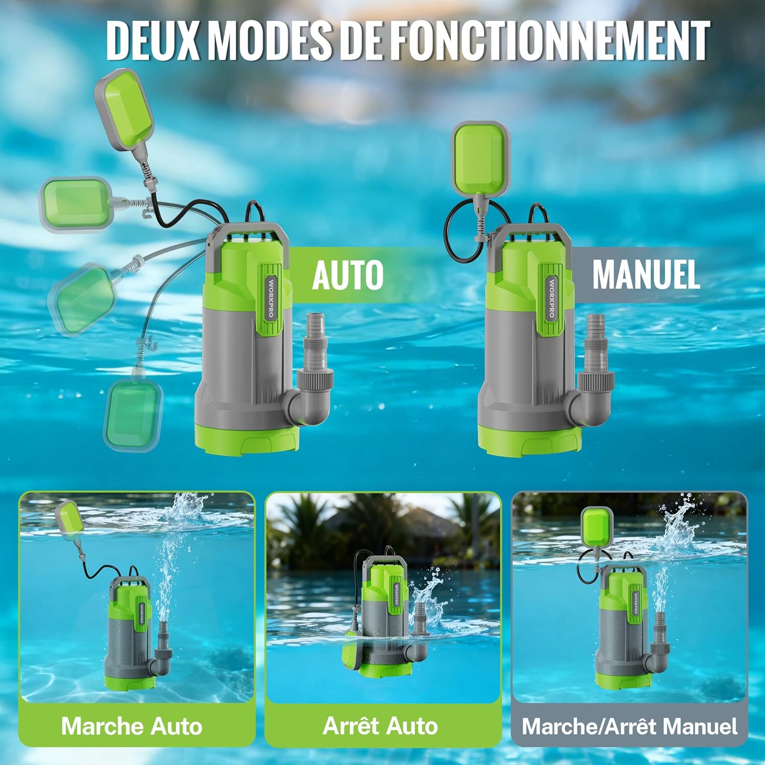Pompe de Relevage Submersible 700 W 17000 L/H, Pompe Vide Cave avec Flotteur Automatique, Pompe d’Évacuation Eaux Propres/Chargées, Hauteur de Refoulement 10 m pour Piscine, Bassin et Jardin