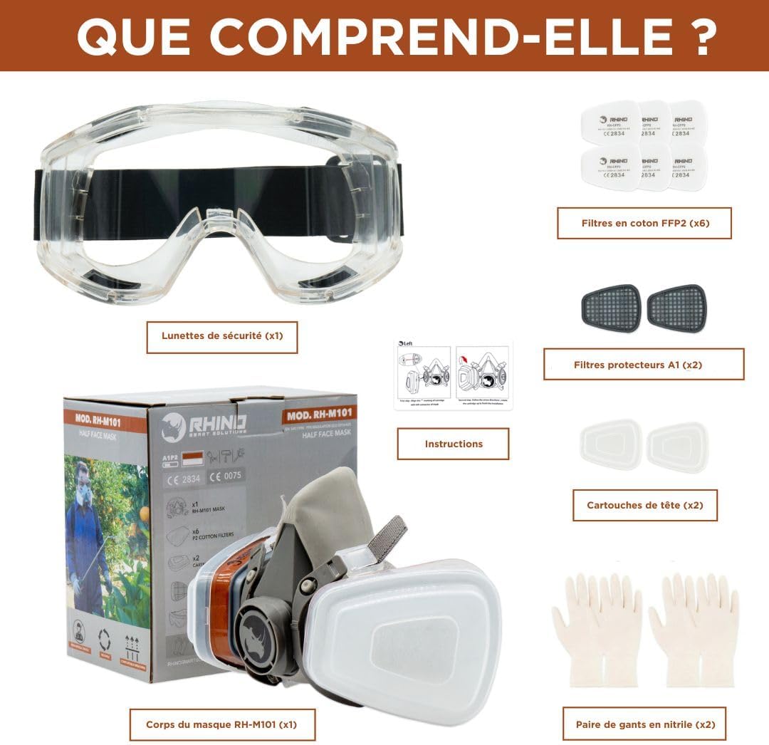 Masque Peinture A1 Protection Respiratoire Réutilisable Anti Poussiere, Gaz, Chimique, Resine Epoxy, Travaux du Bricolage - Avec Filtres en Coton, Lunettes de Sécurité, Gants Set M101 + Gafas + Guantes