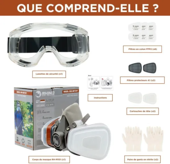 Masque Peinture A1 Protection Respiratoire Réutilisable Anti Poussiere, Gaz, Chimique, Resine Epoxy, Travaux du Bricolage - Avec Filtres en Coton, Lunettes de Sécurité, Gants Set M101 + Gafas + Guantes