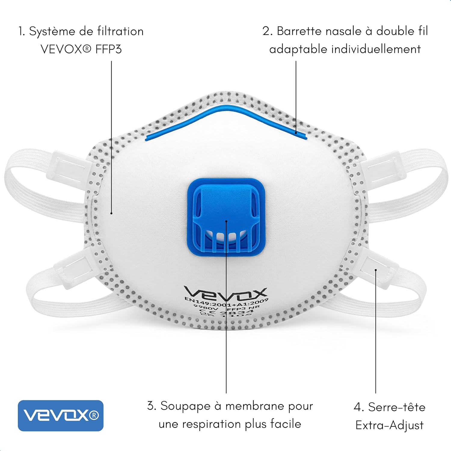 VEVOX® Masque FFP3 - Lot de 5 - Masques Travaux, Chantier et Bricolage anti Poussière avec Valve - Protection contre p - ex - Amiante, Peinture, Moisissure ou Produits Chimiques 5 unité (Lot de 1) Ffp3