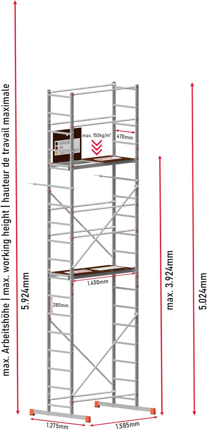 ALTEC AluCombine 3.0 - Échafaudage roulant en aluminium avec traverse, 4 roulettes pivotantes freinables et ancrage mural - Échafaudage de montage - Échelle simple (6 m)
