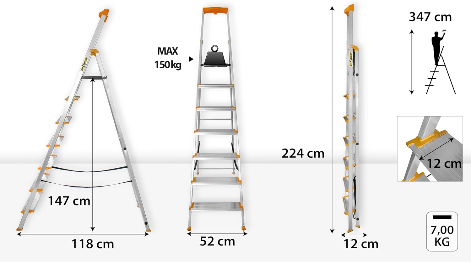Escabeau 7 Marches Pliable - Échelle en Aluminium - Escabeau Pliant avec Porte-Outils et Marches Extra Larges 120 mm avec Surface Antidérapante - Capacité de Charge 150 kg